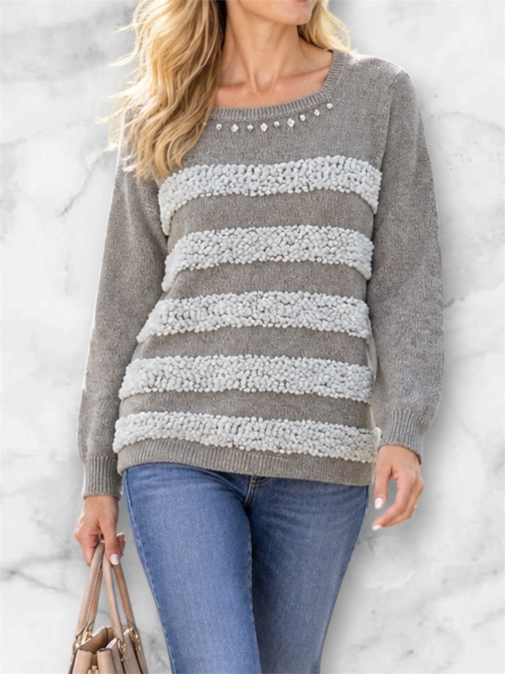 NWT Alfred Dunner Gray Taupe White Bouclé Textured Embellished Sweater Size S
